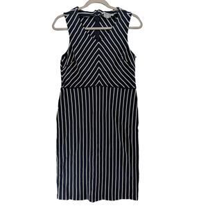 WinterSilks Striped Dress M Navy White Sleeveless V Neck Up Cocktail Knee Length